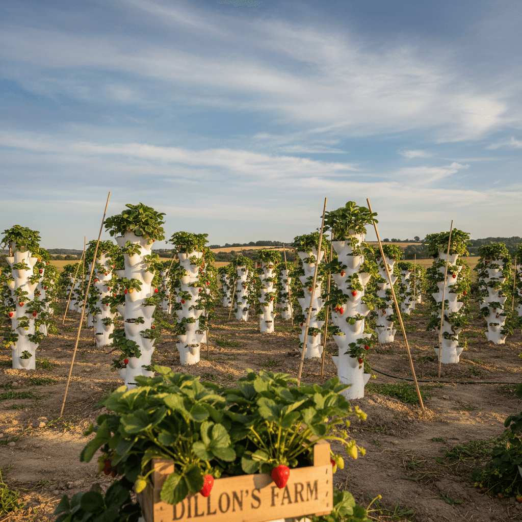 Expansive outdoor vertical tower strawberry field