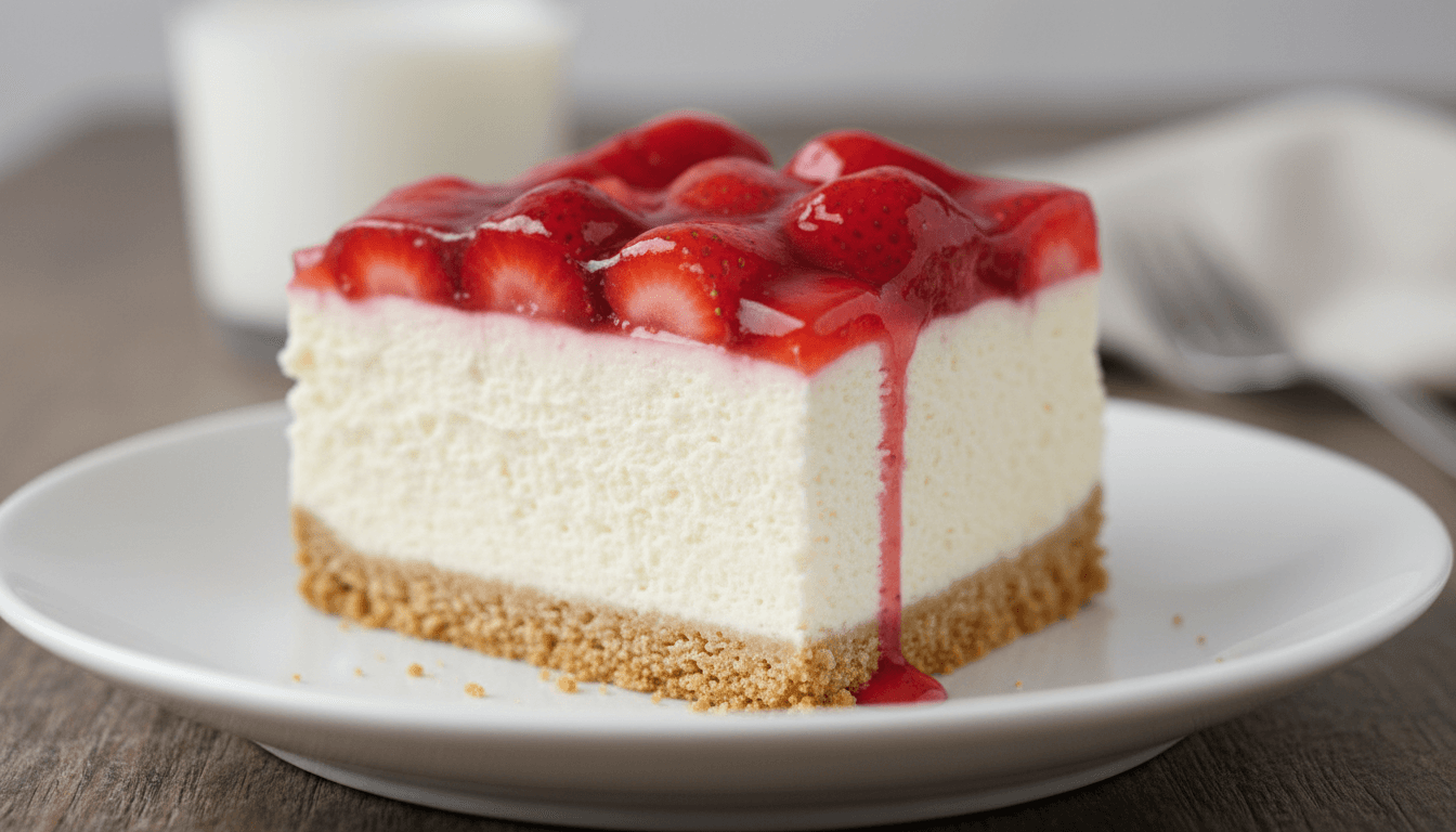 Cross-section detail of layered cheesecake showing biscuit base and cream filling