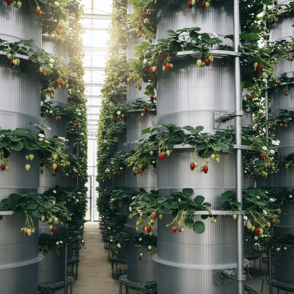 Vertical grow towers stacked with strawberry plants at multiple levels