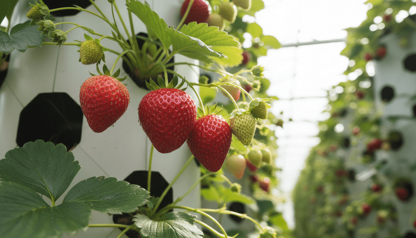 Close-up of ripe strawberries growing on vertical tower at Manchester farm