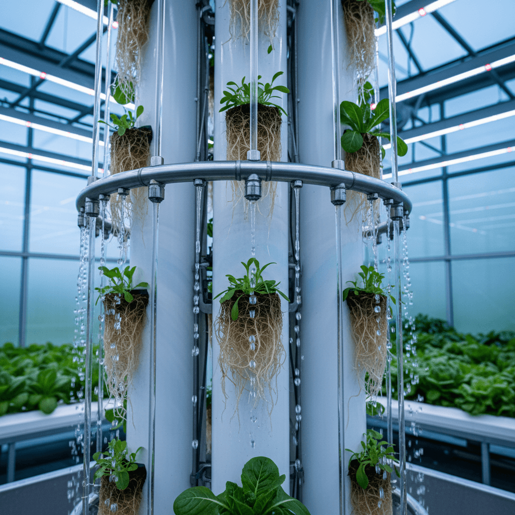 Precision hydroponic water system delivering nutrients through vertical tower