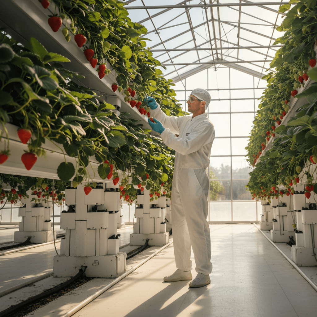 Technician inspecting pristine strawberry plants in controlled greenhouse environment