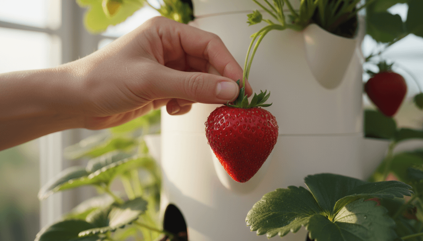 Hand picking fresh ripe strawberry from tower