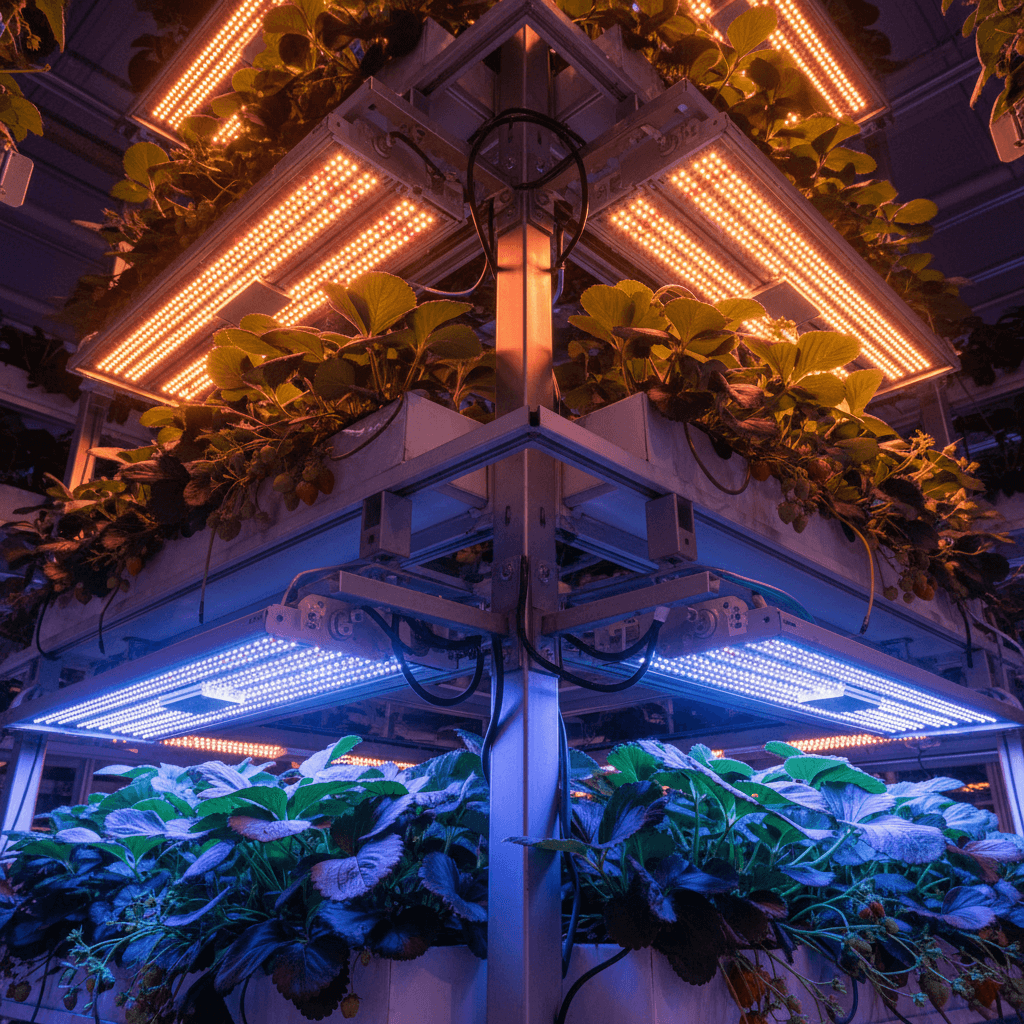 LED grow lights illuminating vertical strawberry tower