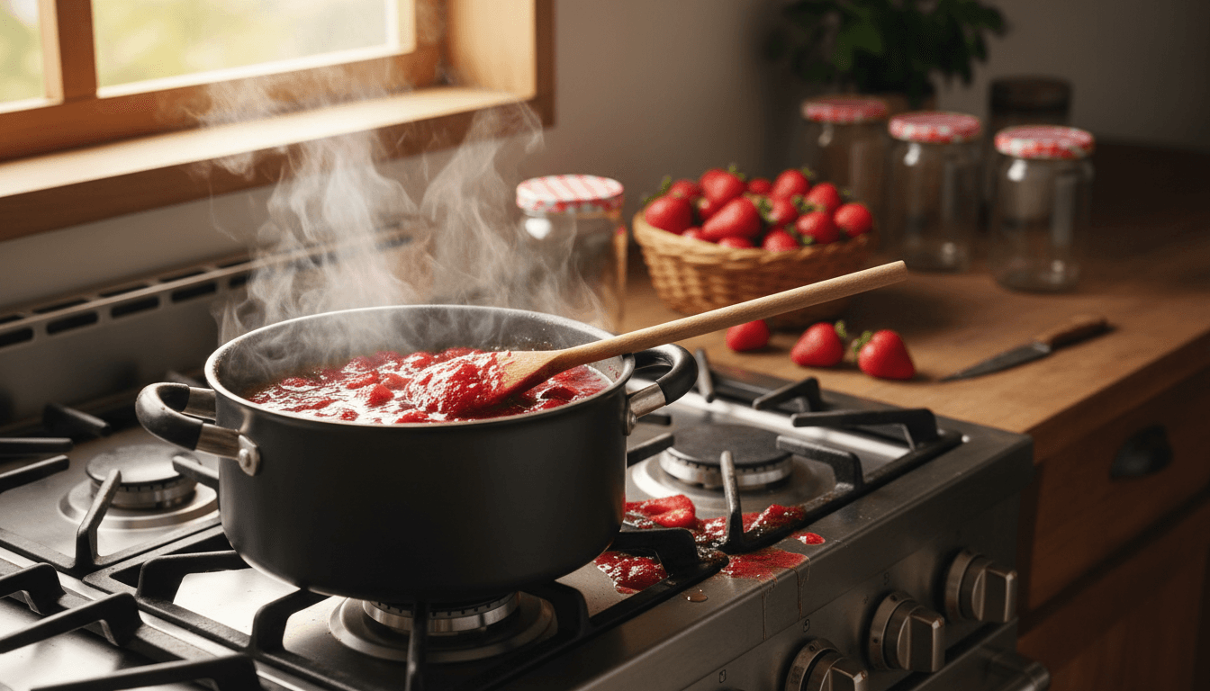 Strawberry jam cooking in pot with fresh fruit