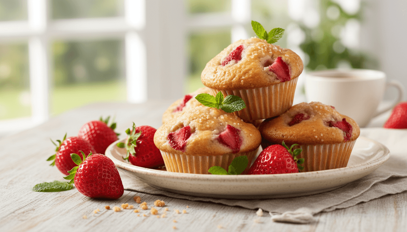 Stacked strawberry muffins plated with fresh berries and garnish