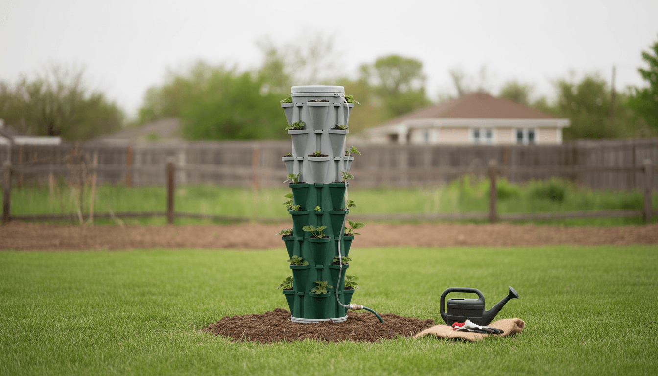 A newly installed vertical strawberry tower with minimal setup requirements