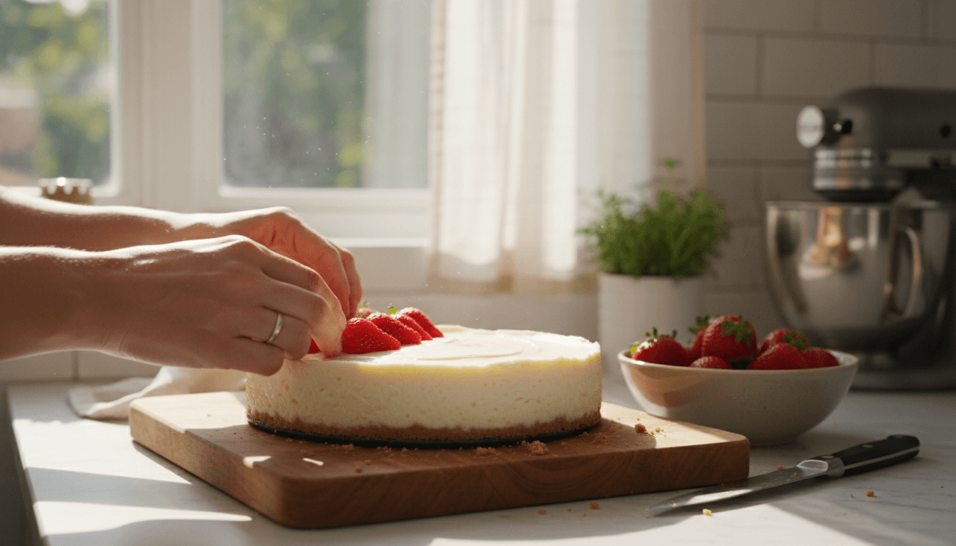 Fresh Dillon's strawberries arranged on cheesecake topping