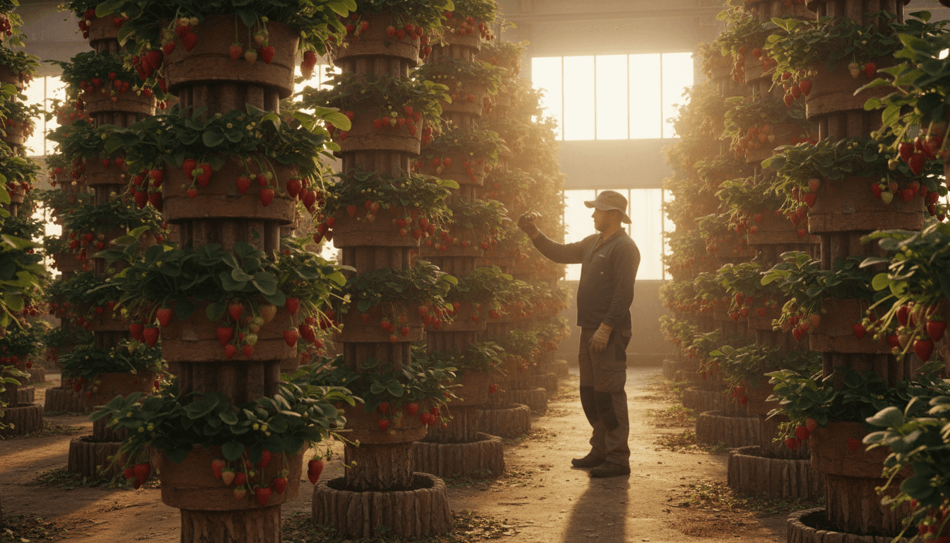 Vertical strawberry grow towers at Dillon's Strawberry farm in Manchester during golden hour
