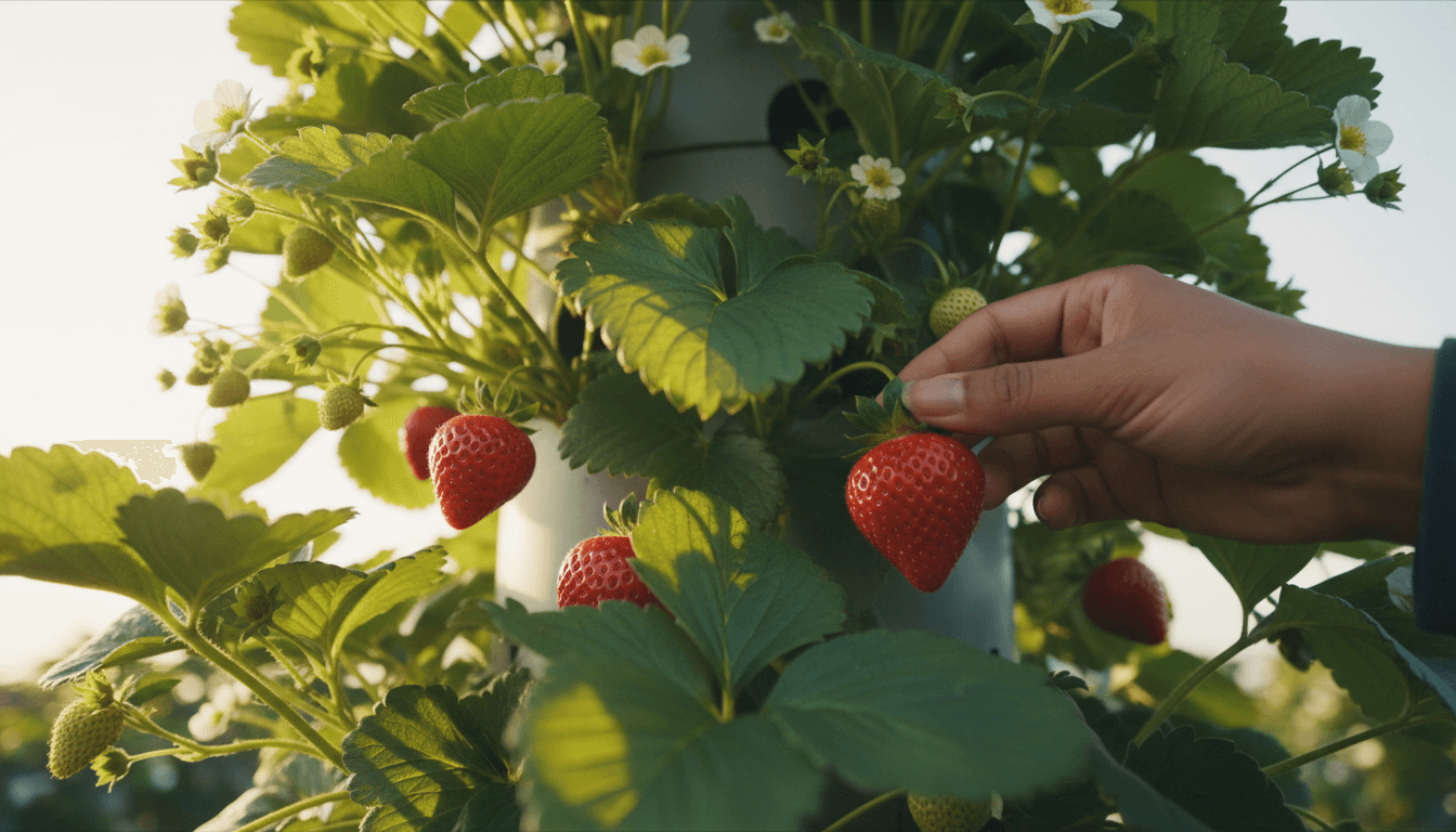 Close-up of hand picking fresh strawberries from tower