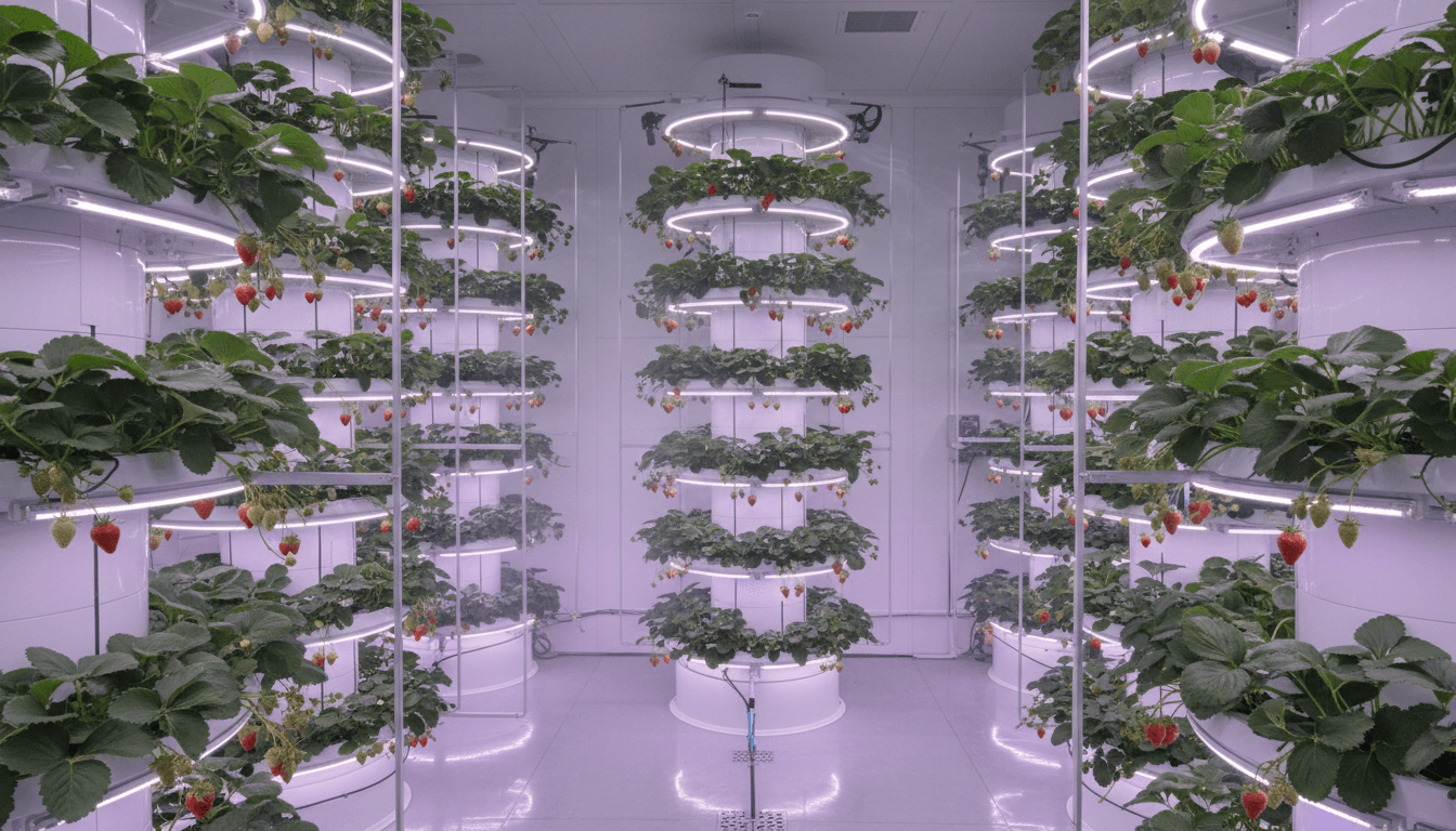 Modern vertical strawberry farm towers with thriving plants under grow lights