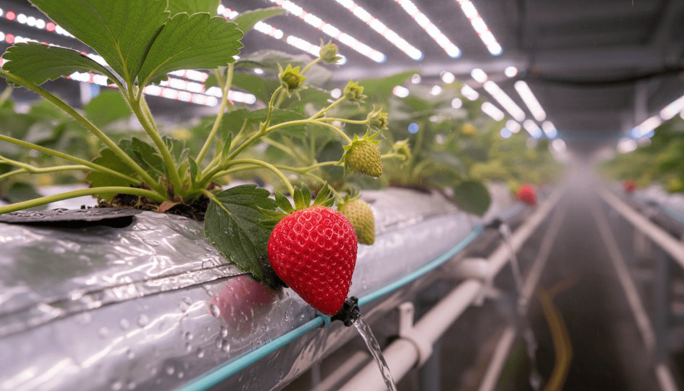 Fresh ripe strawberries ready for harvest in vertical farm system