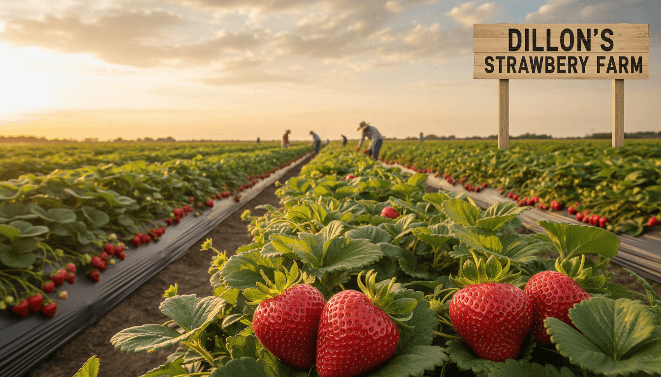 Rows of fresh red strawberries growing under summer sunlight at Dillon's Strawberry Farm in Manchester