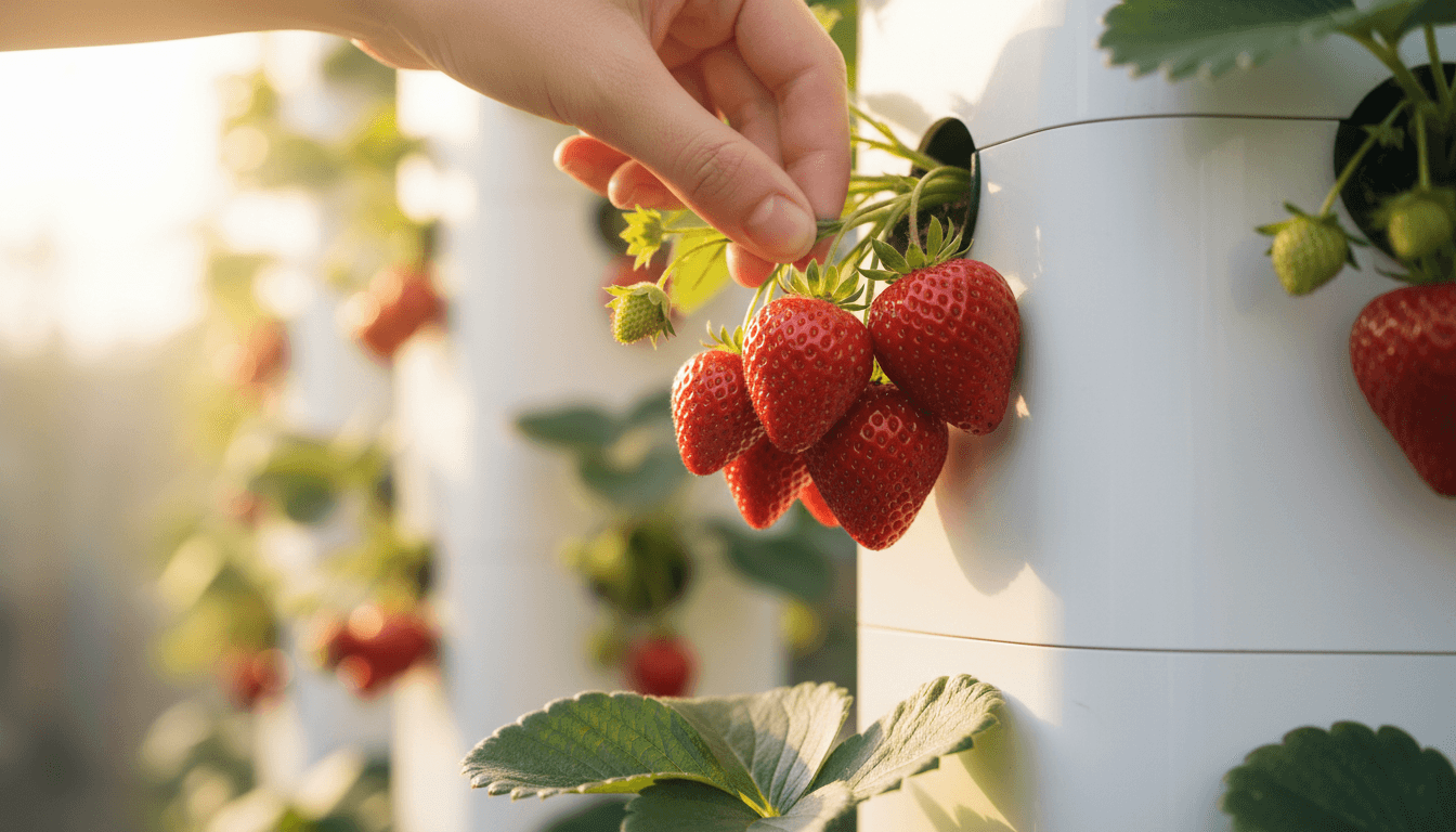 Hand harvesting ripe strawberries from indoor grow tower