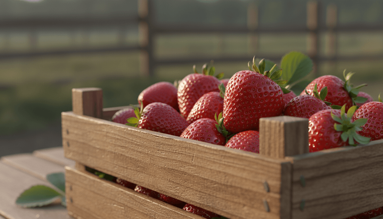 Freshly harvested strawberries in wooden crate with morning dew