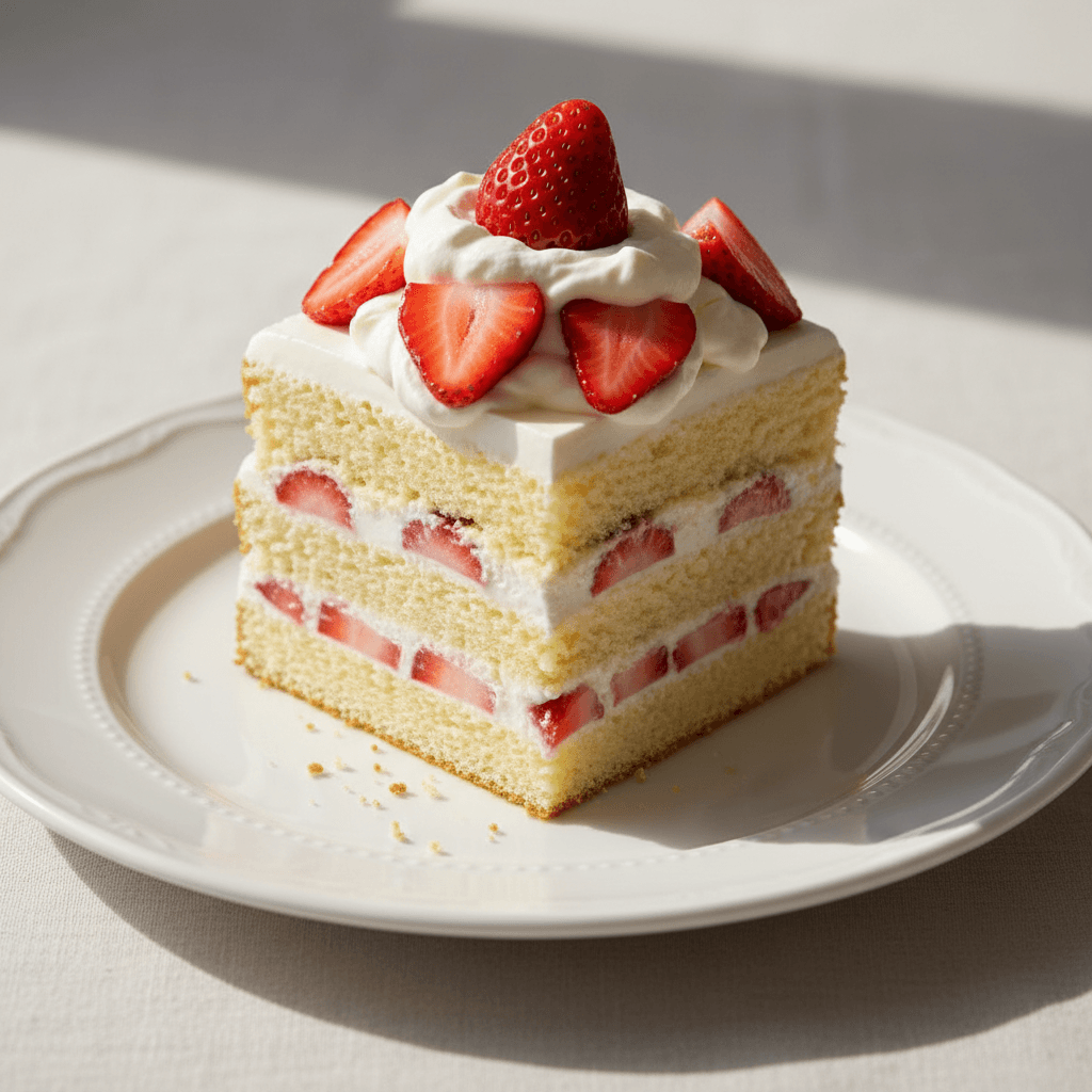Strawberry shortcake slice with cream and fresh berries