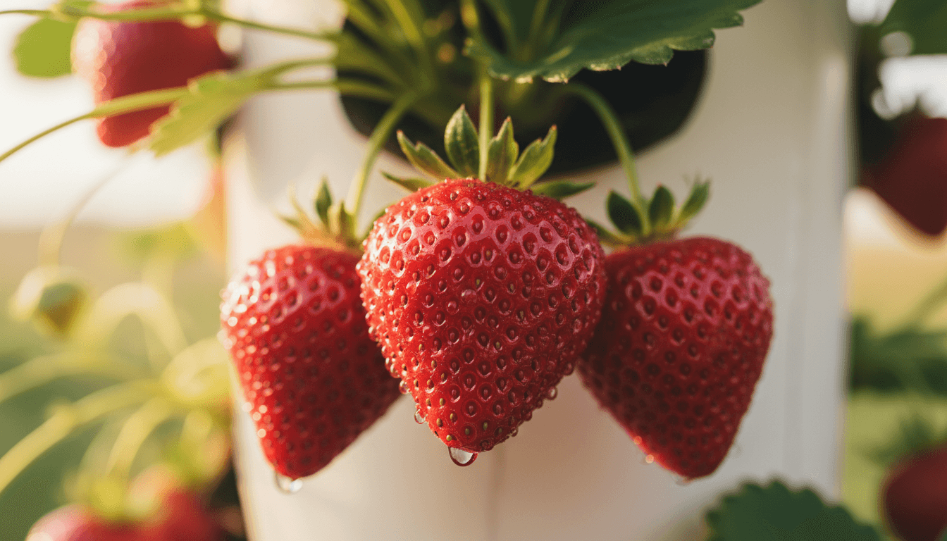 Close-up of fresh ripe strawberries with morning dew in Dillon's Strawberry Farm vertical grow towers