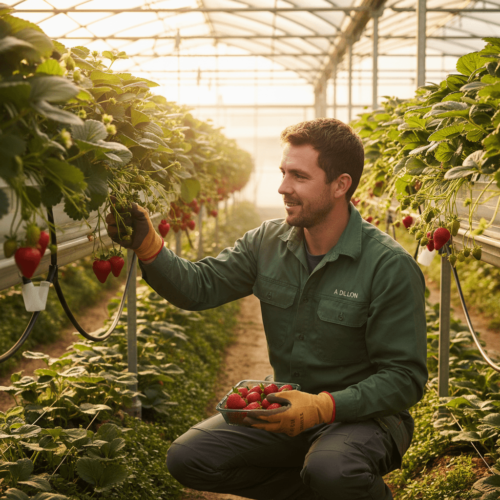 Farm operator tending to strawberry plants in the growing facility