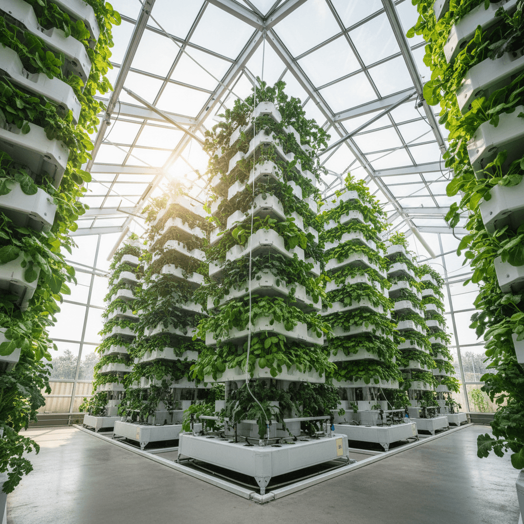 Multiple vertical grow towers efficiently packed in compact greenhouse space