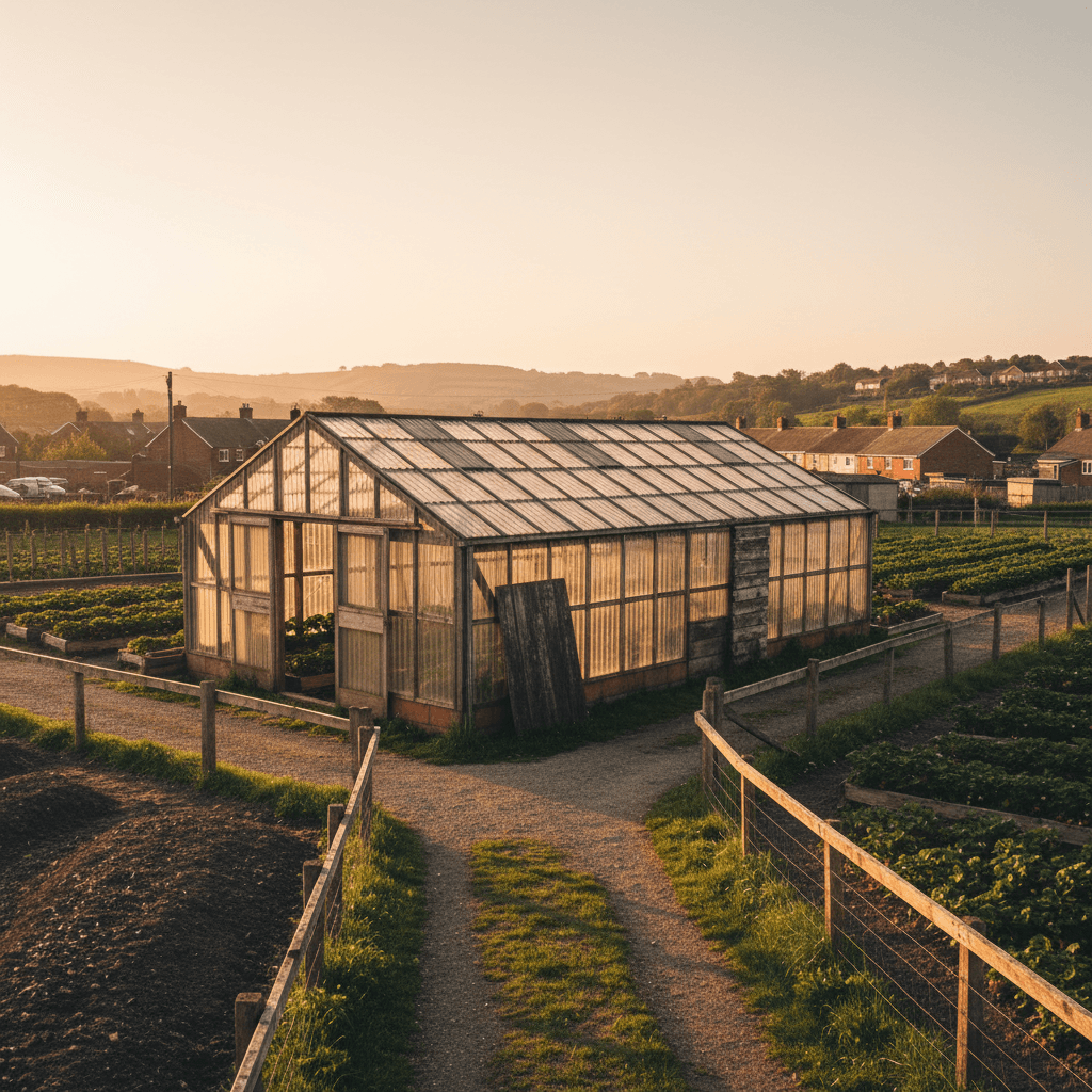 Dillon's Strawberry farm growing facility in Manchester during morning light
