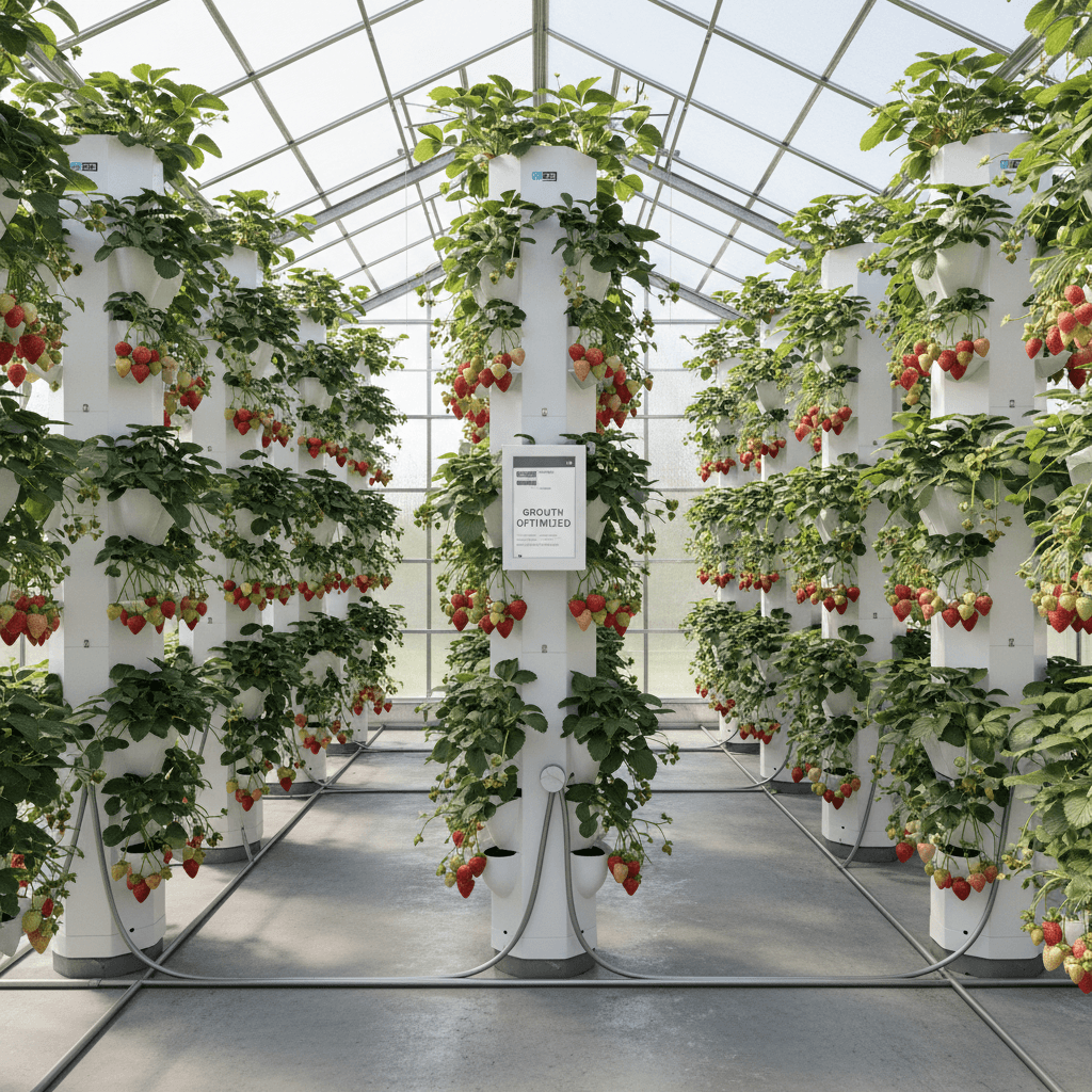 Multiple vertical grow towers efficiently packed in compact greenhouse space