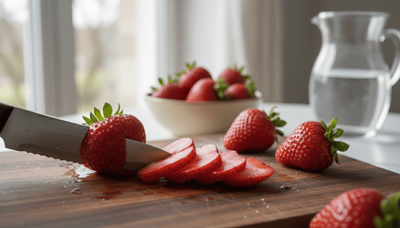 Fresh strawberries sliced on a wooden board