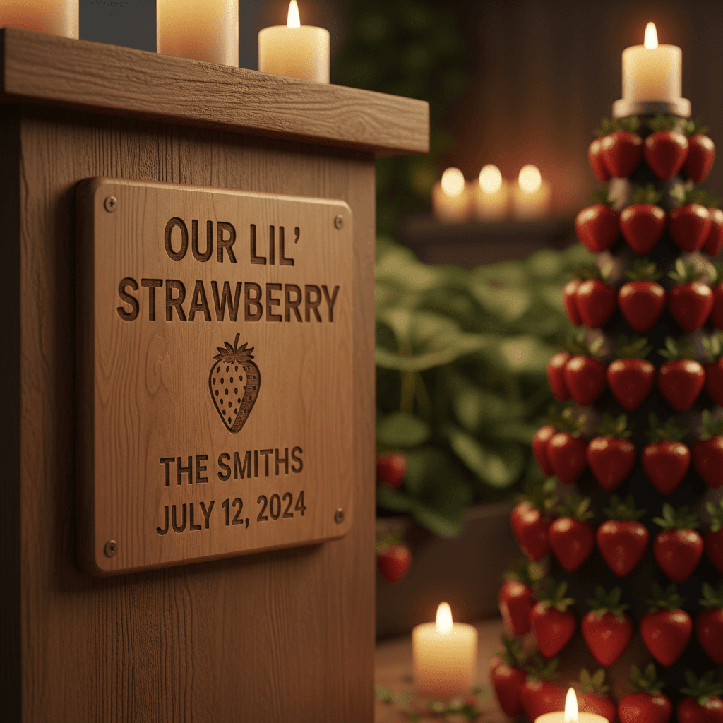 Named adoption plaque on a strawberry tower