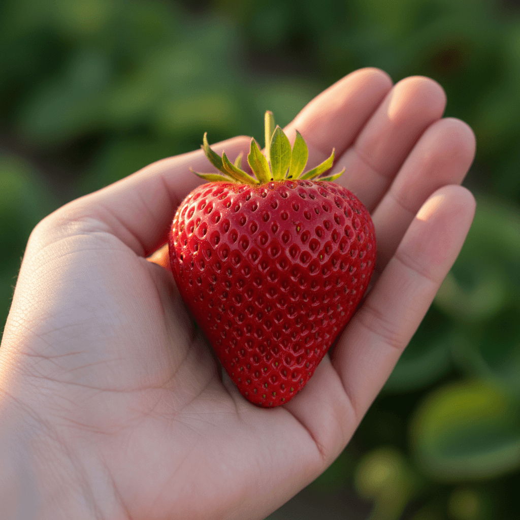 Perfect ripe strawberry held in hands at farm