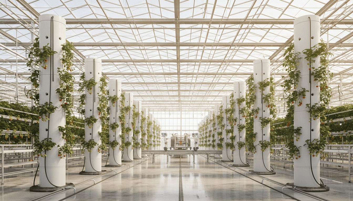 Vertical strawberry grow towers in a bright greenhouse with seedlings beginning to grow