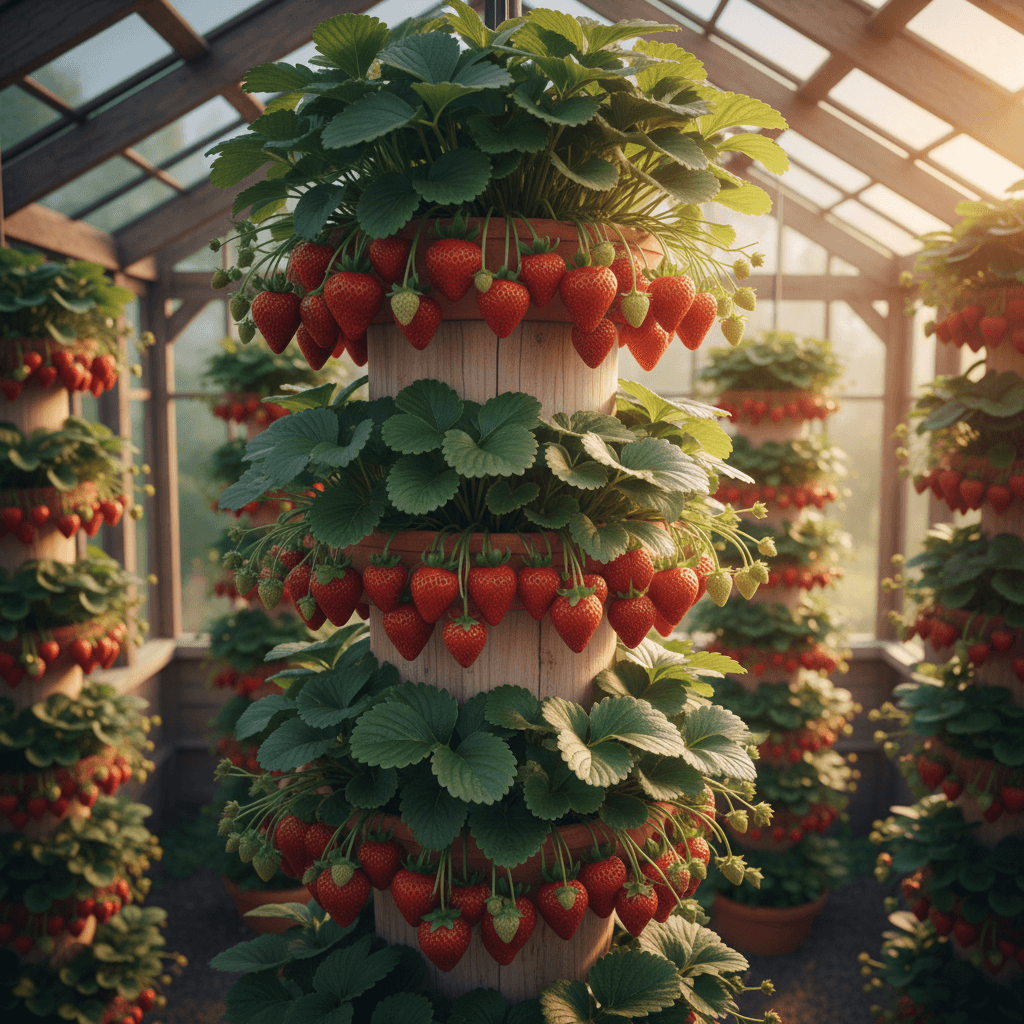 Dense strawberries growing on vertical tower levels in morning light