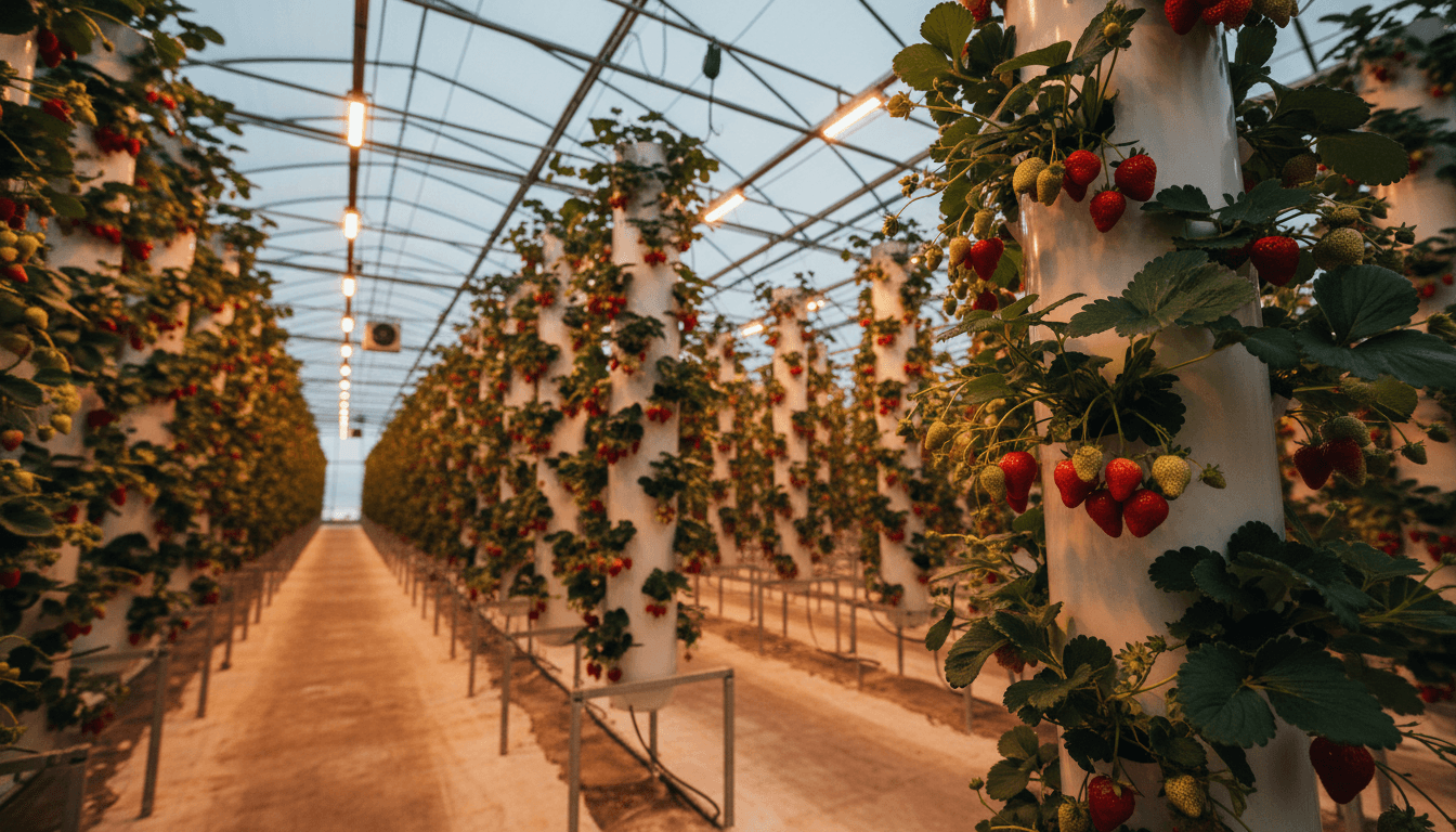 Vertical strawberry grow towers with ripe fruit illuminated by LED lights inside a modern farm facility