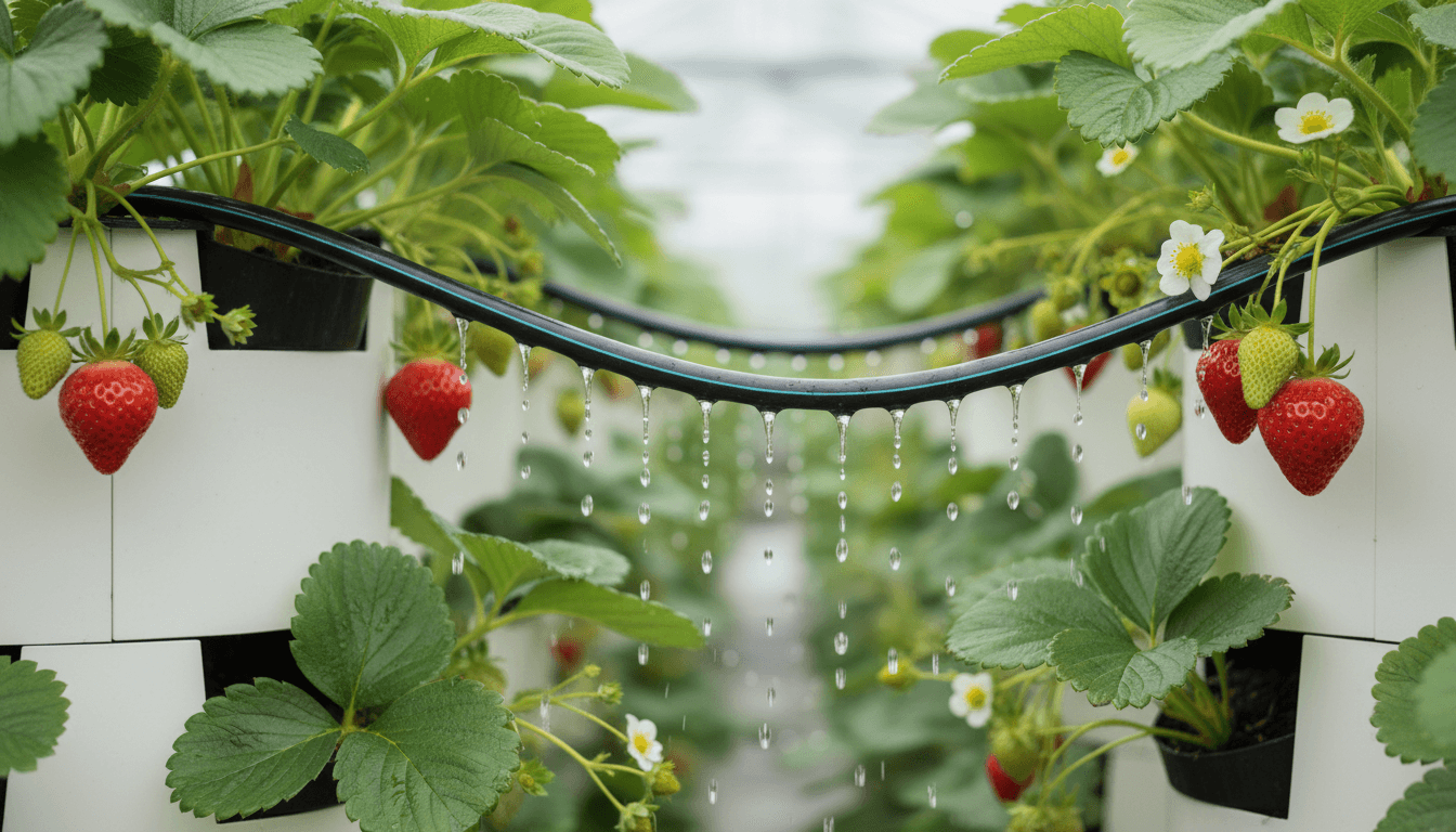 Closed-loop drip irrigation delivering water directly to strawberry plants