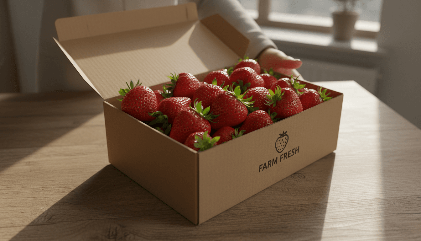 Fresh strawberries in delivery box ready to eat