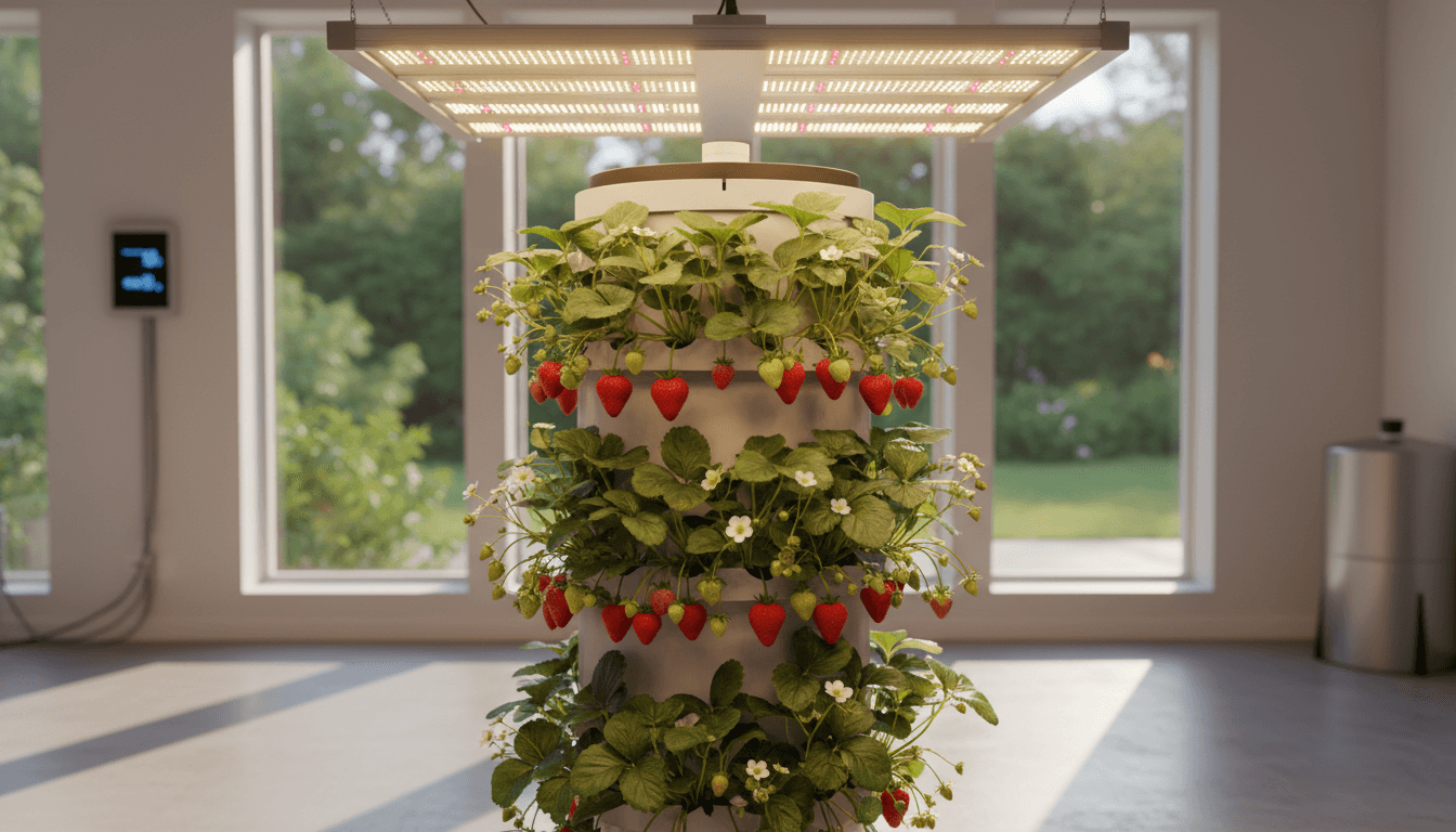 Vertical strawberry grow tower with ripe berries under LED lights