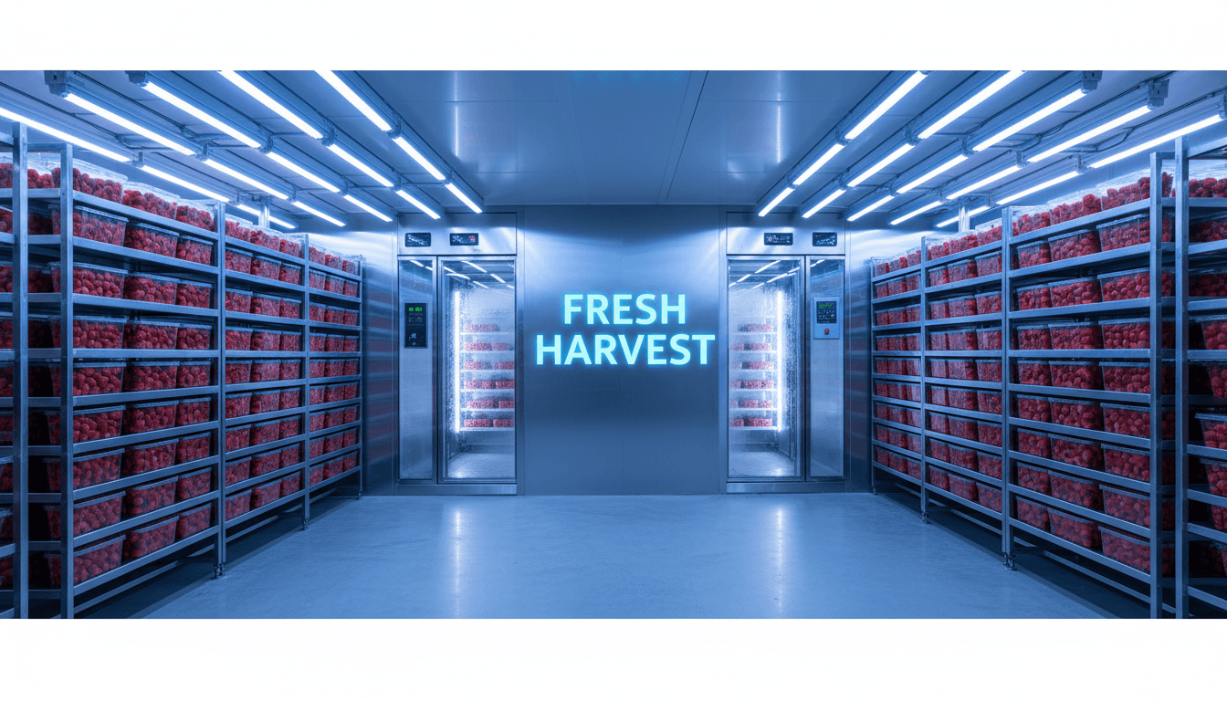 Climate-controlled strawberry storage facility showing professional food safety standards and traceability systems