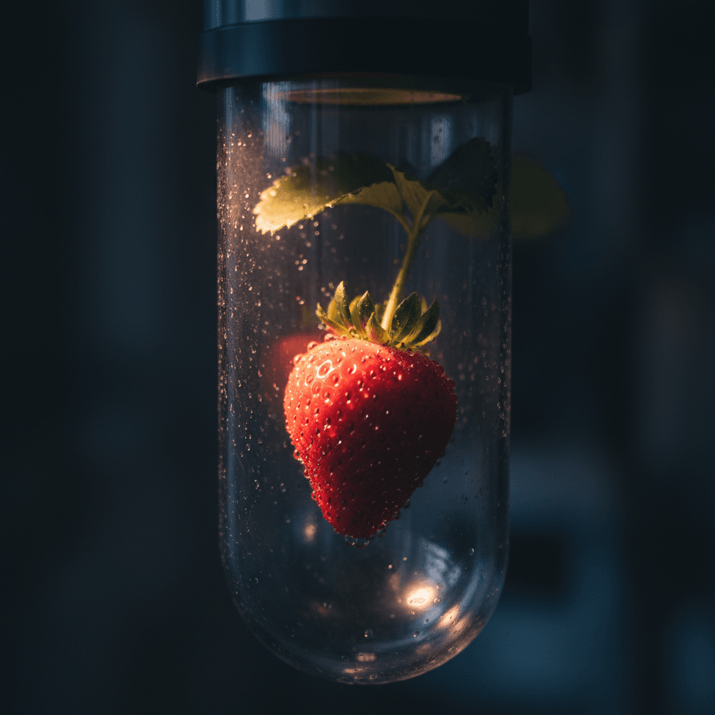 Clean, ripe strawberry grown in sealed pesticide-free environment