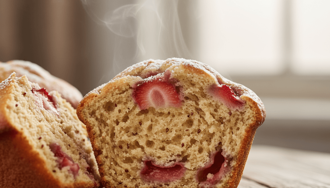 Cross-section of strawberry muffin revealing soft interior and fruit throughout