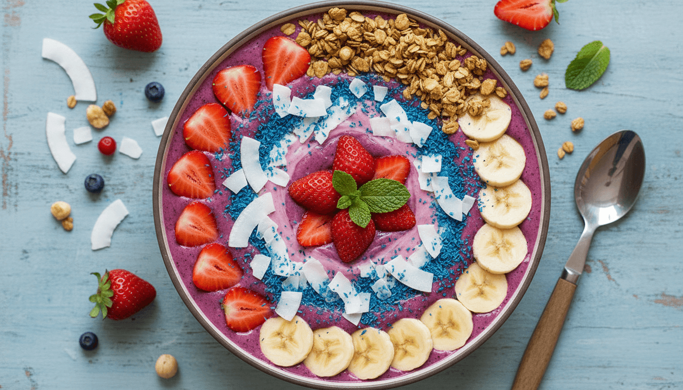 Vibrant smoothie bowl topped with fresh strawberries, granola, and coconut flakes