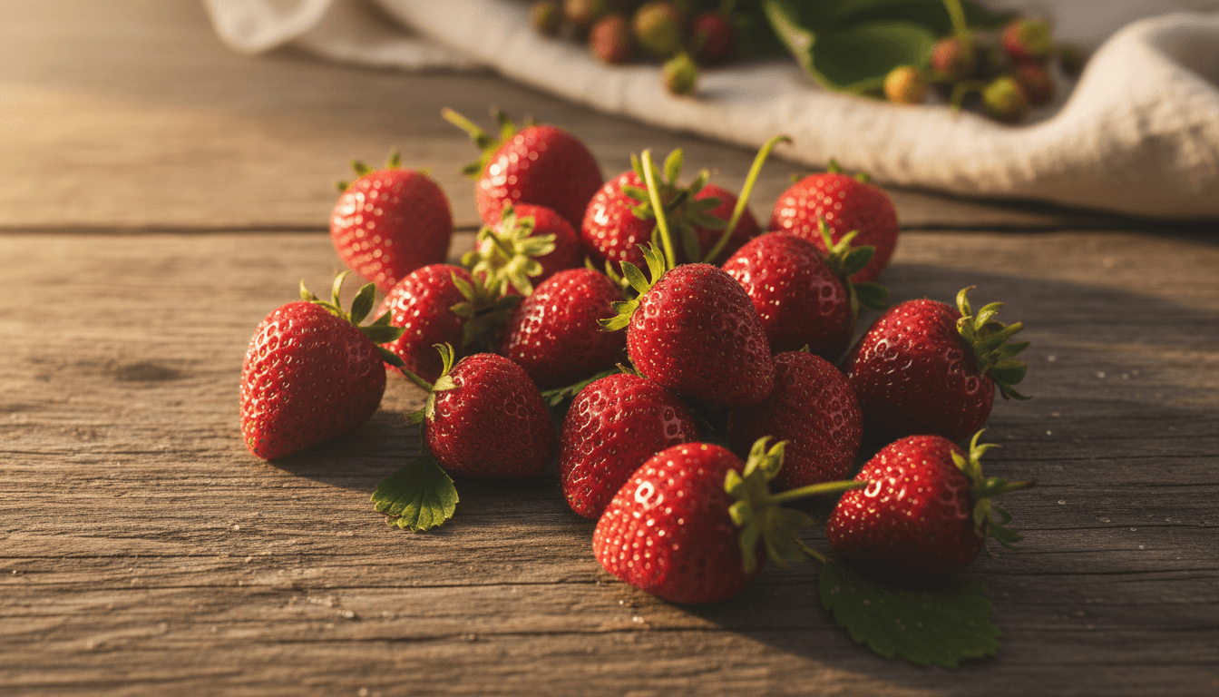 Fresh ripe strawberries on a wooden surface in natural morning light