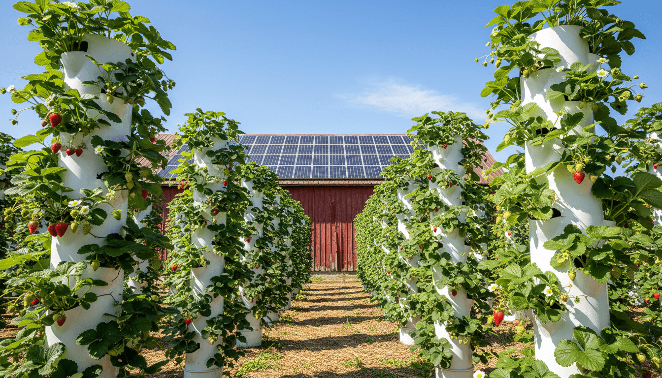 Vertical strawberry grow towers with solar panels on barn roof
