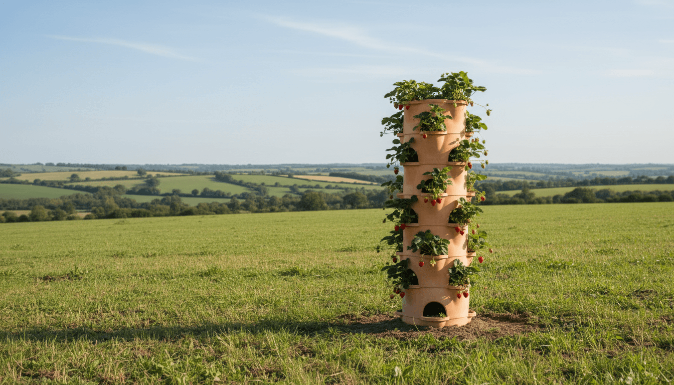 Outdoor vertical strawberry tower using natural daylight with no artificial equipment