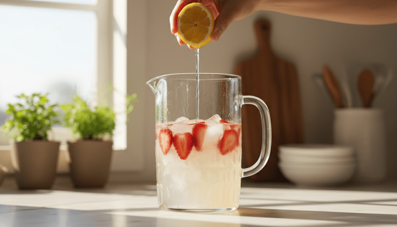 Pouring lemon juice into strawberry mixture