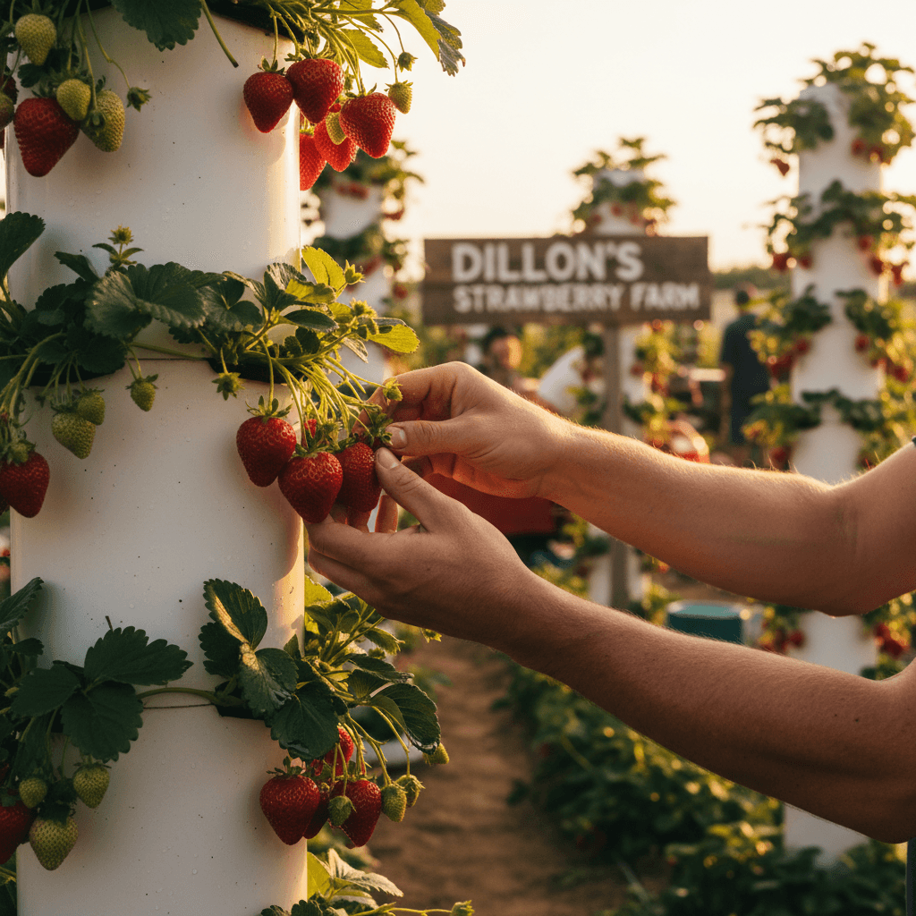 Hand harvesting strawberries from vertical grow tower