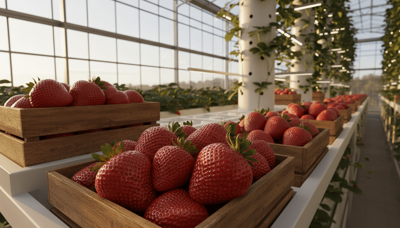 Fresh strawberries in wooden crates at Dillon's Strawberry farm vertical growing facility