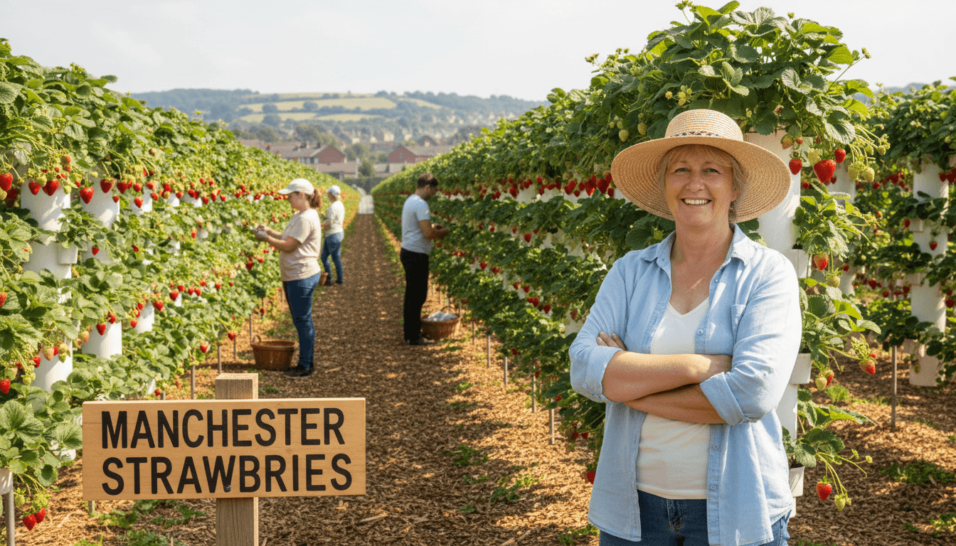 Happy landowner at productive strawberry farm partnership