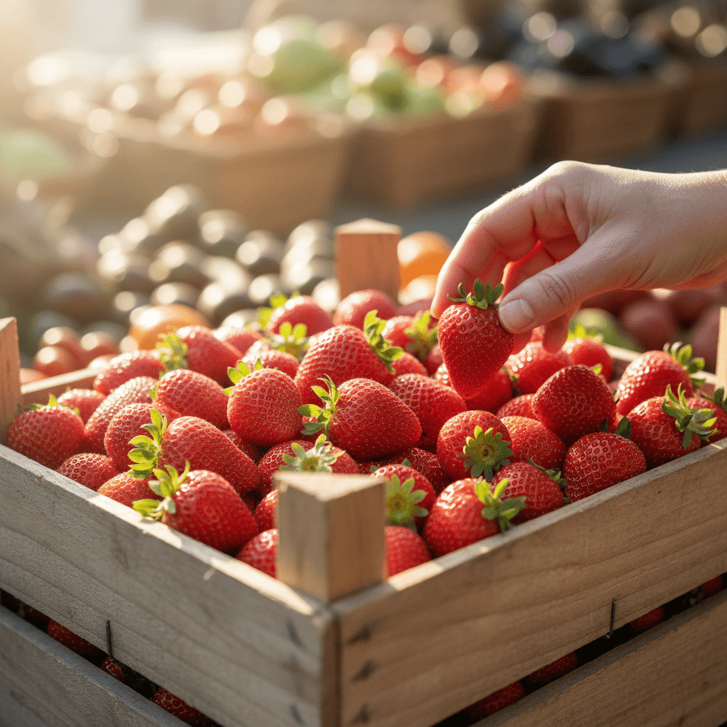 Fresh strawberries in harvest crate