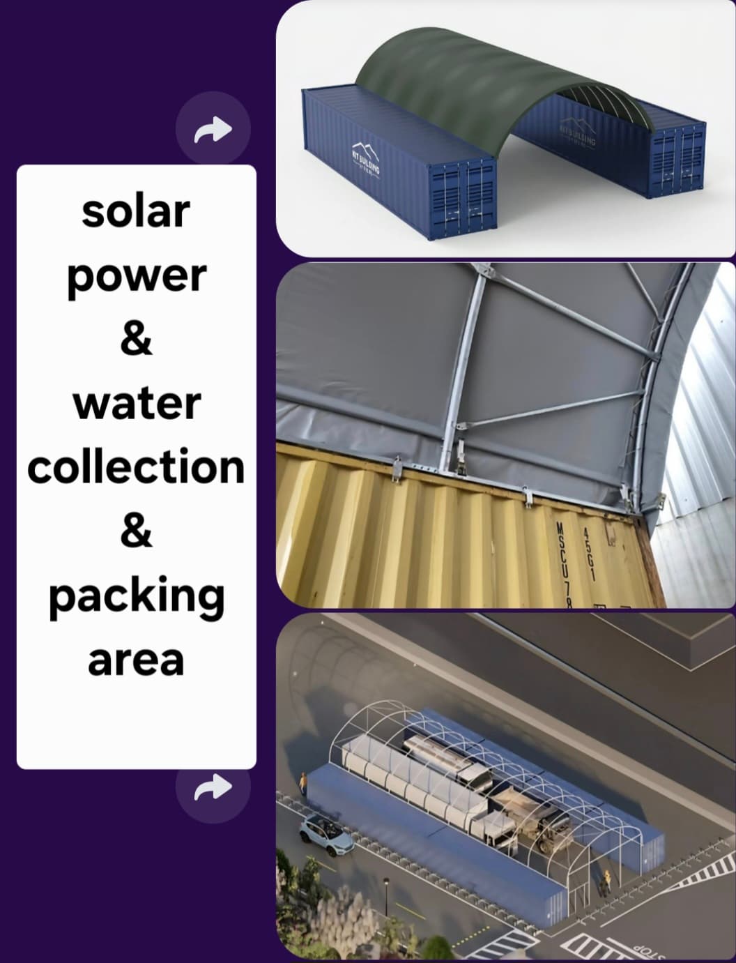 Shipping container shelter with arched canopy for solar power, water collection, and packing area.