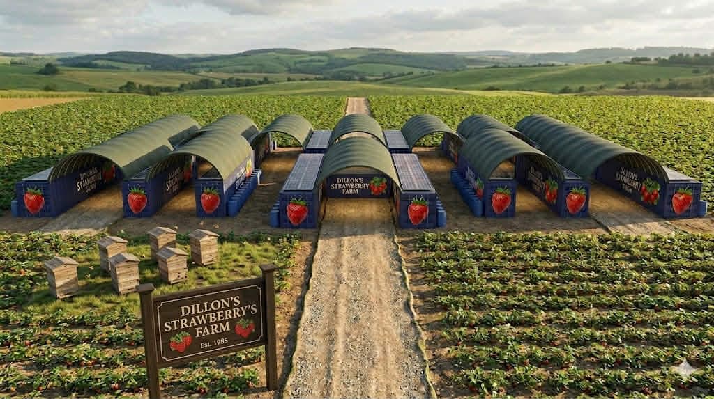 Dillon's Strawberry Farm featuring blue container buildings with arched roofs amidst rolling green hills.