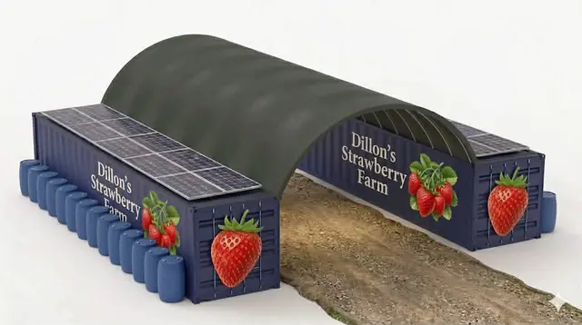 Two blue shipping containers labeled Dillon's Strawberry Farm with solar panels and an arched canopy.