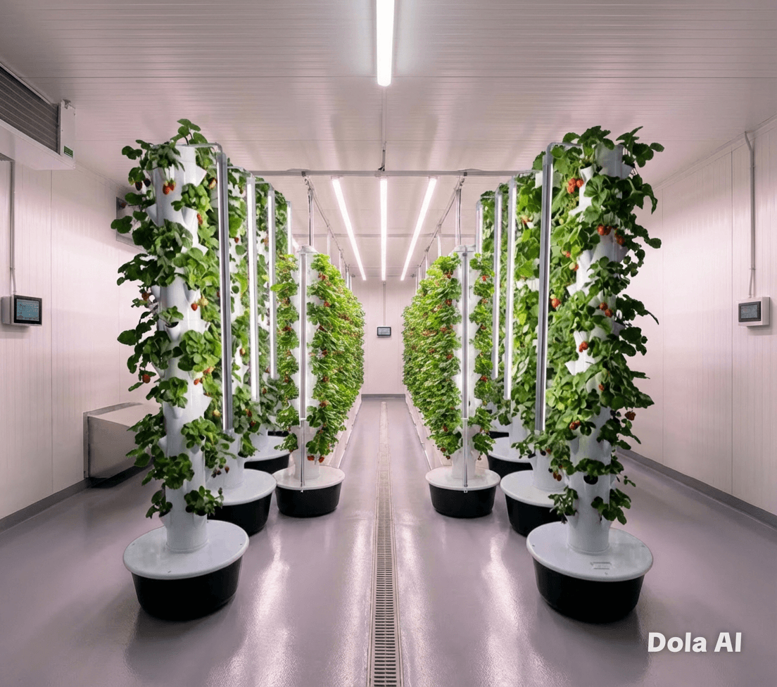 Vertical hydroponic towers growing strawberries in a clean indoor farming facility.